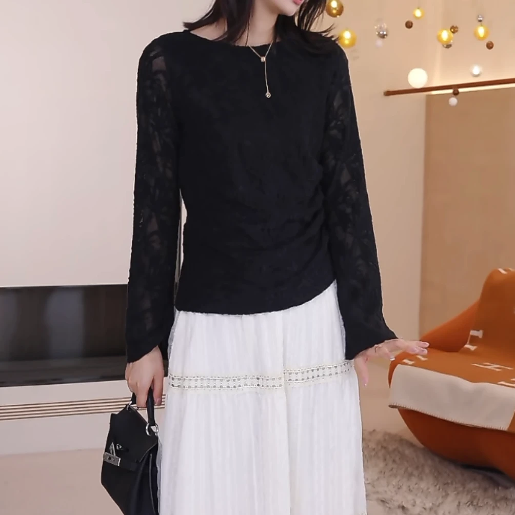 时尚轻奢蕾丝黑色长袖针织衫女2025新款春季气质显瘦百搭圆领上衣