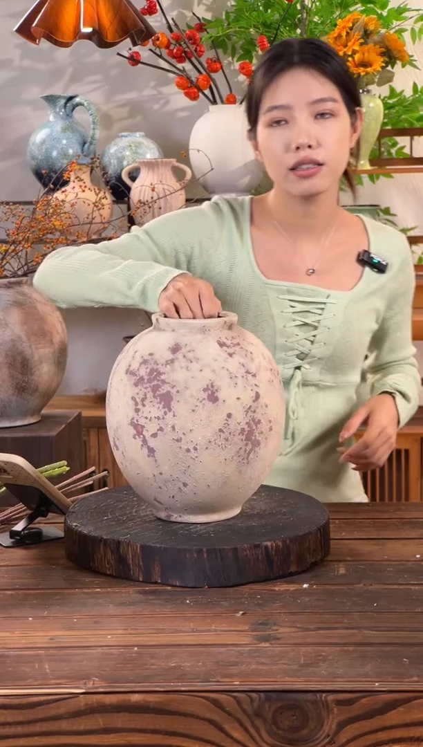 【斑点红月亮罐】侘寂风斑驳陶罐水培陶瓷花瓶【口10直径24高24.5cm】