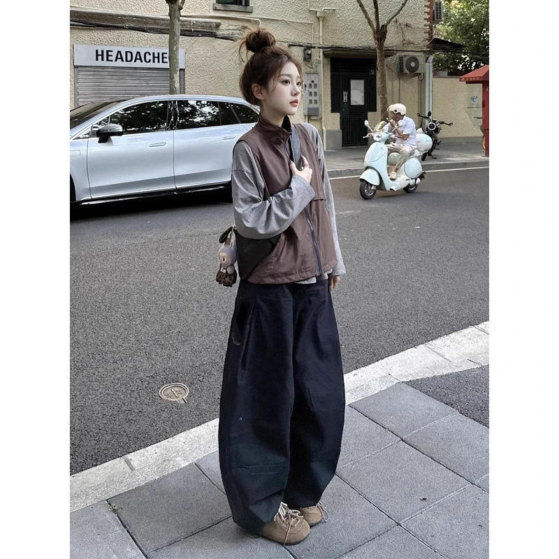 早秋新款韩版穿搭马甲外套叠穿T恤正版三件套女装上衣阔腿裤套装