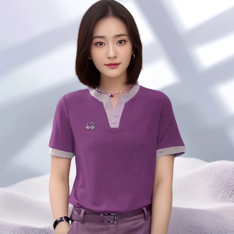 868春夏季新款小天鹅t恤女装时尚拼色显瘦百搭洋气短袖女士潮流