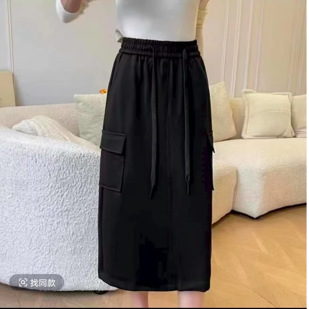 6906款早秋松紧腰抽绳显瘦A字后开叉工装半身裙