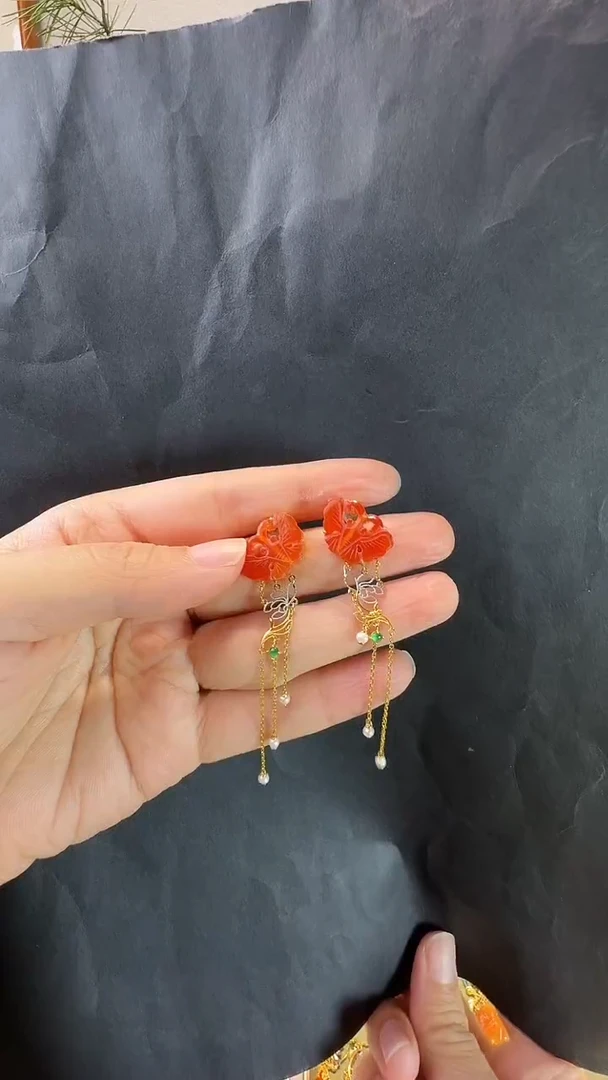 18K金镶嵌耳坠玛瑙/玉髓耳饰