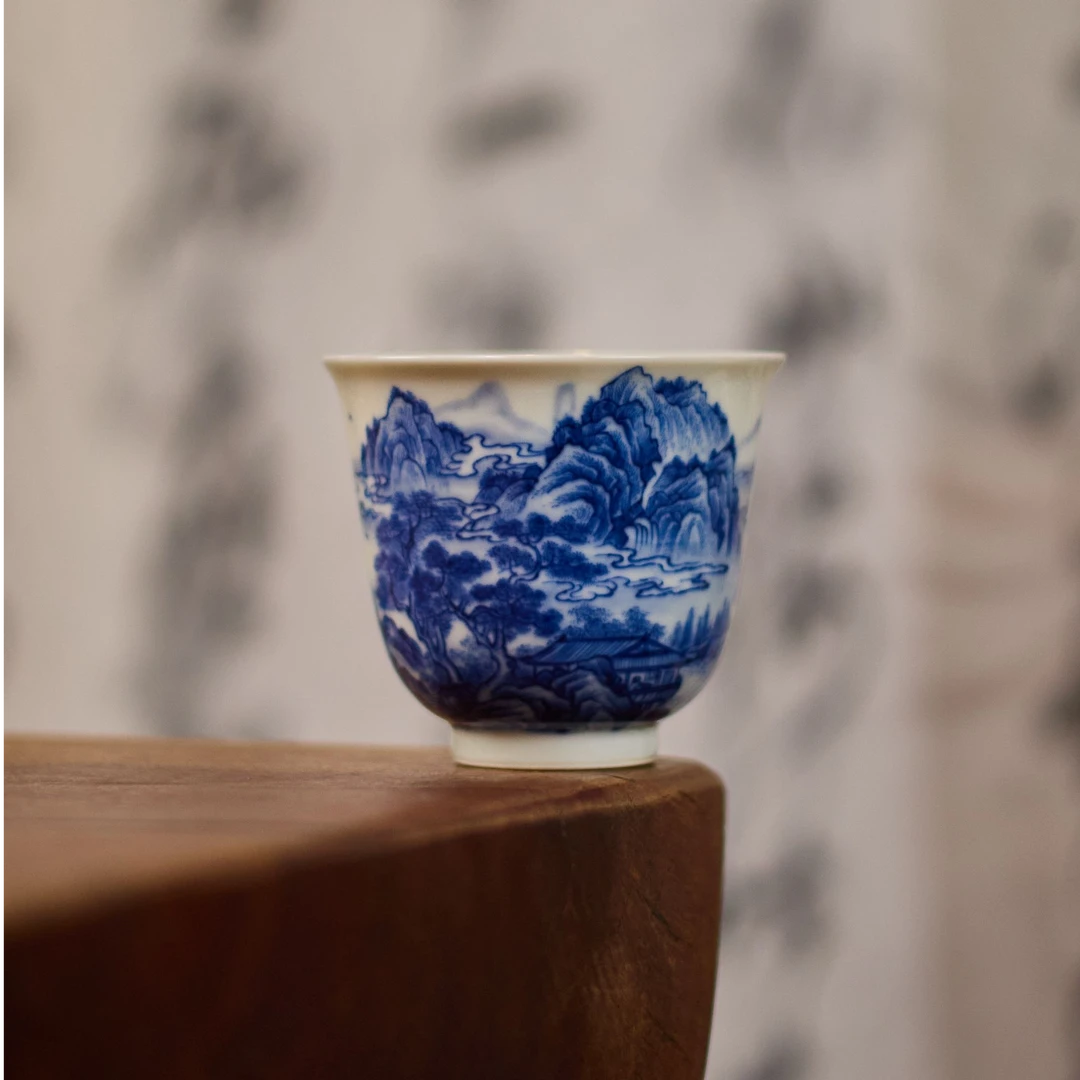 华军鼎成·柴窑青花山水大铃铛杯景德镇陶瓷手工手绘茶器茶具