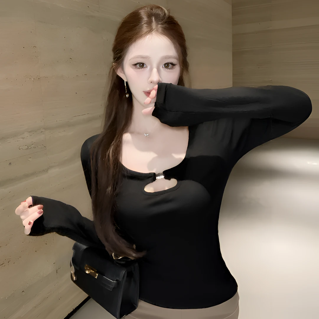 秋冬新款纯欲风辣妹短款长袖t恤女修身显瘦百搭设计感打底衫上衣