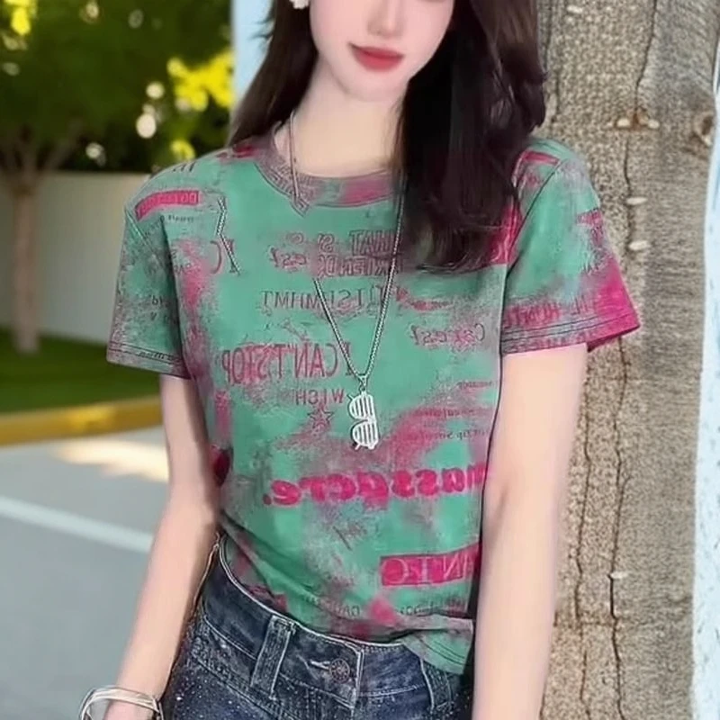 时尚百搭印花圆领甜辣扎染短袖T恤女夏季胖mm遮肉扎染收腰女士T恤