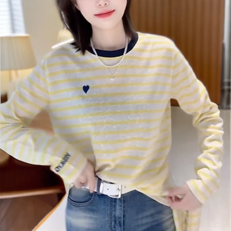 韩版拼色竖纹修身长袖T恤女春夏外穿打底衫潮气百搭遮阳上衣