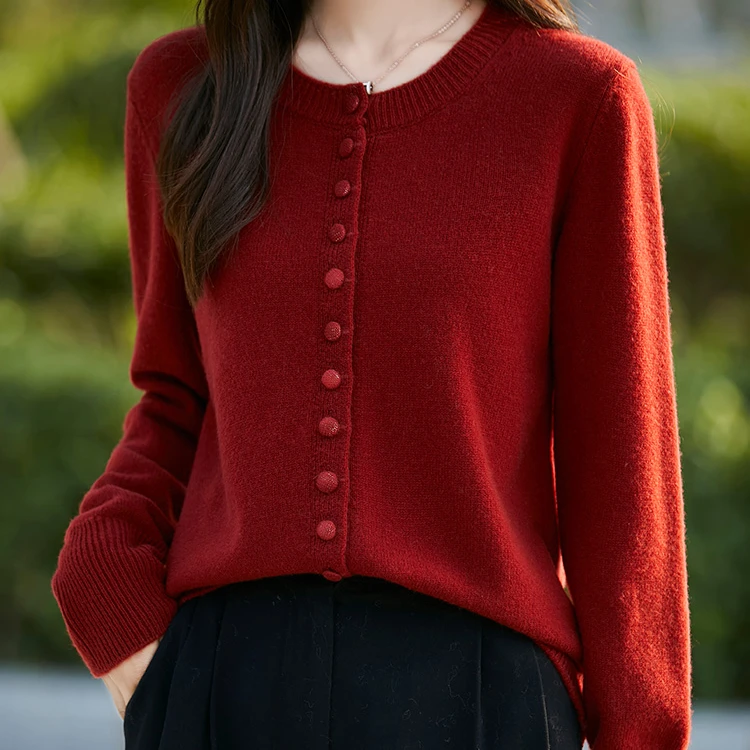 【100纯羊毛】女士包扣圆领开衫百搭针织衫PY6108