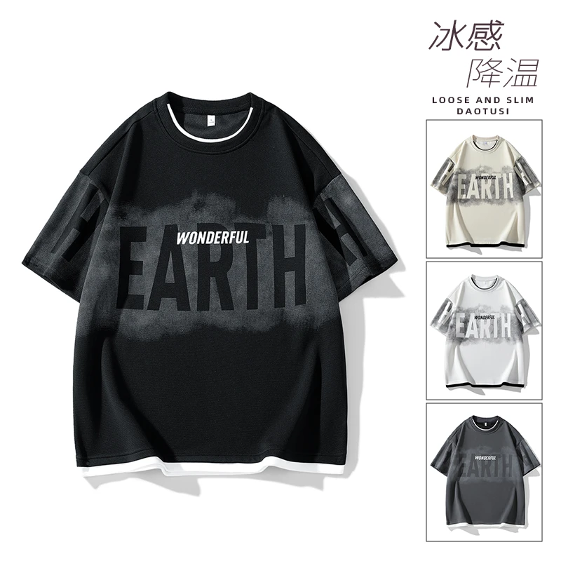 扎染假两件运动短袖男潮牌美式青少年宽松大码短袖大码印花T恤男t