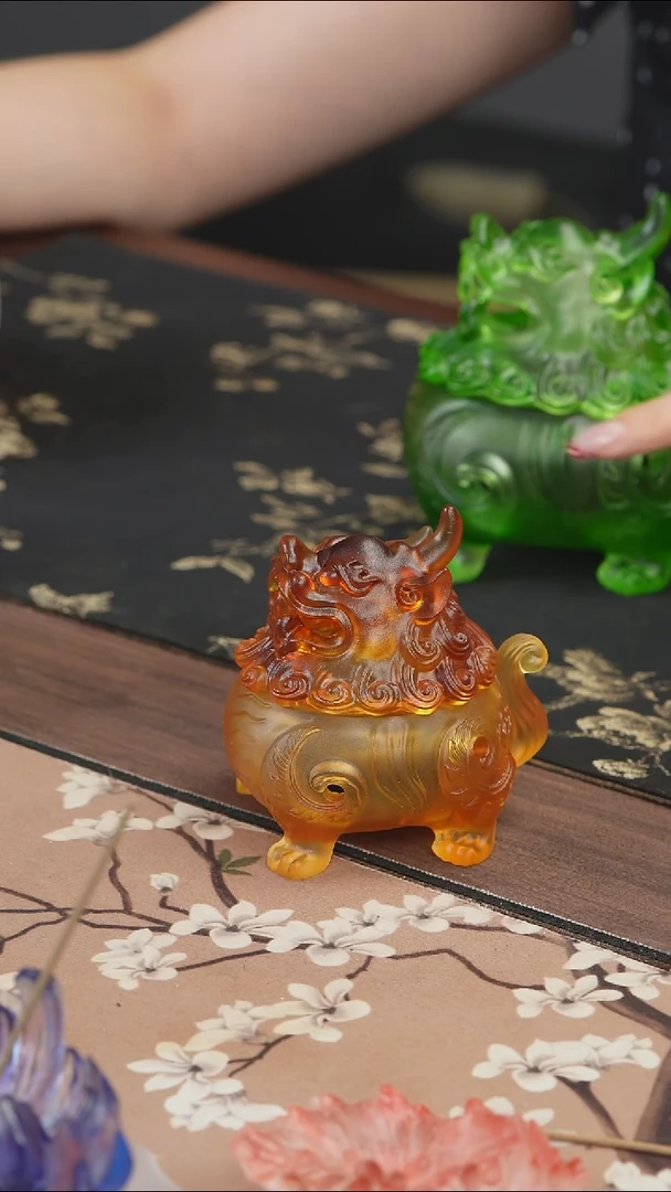 手工艺品琉璃黄色狻猊香炉小号