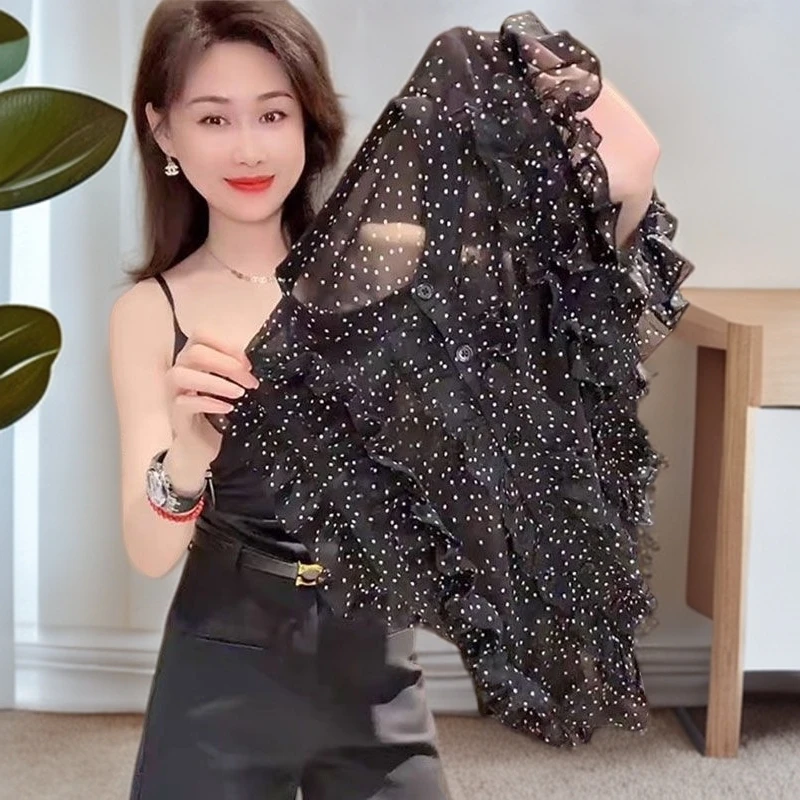 2025夏季新款波点印花雪纺衫木耳边设计感荷叶边飞飞袖减龄衬衫女