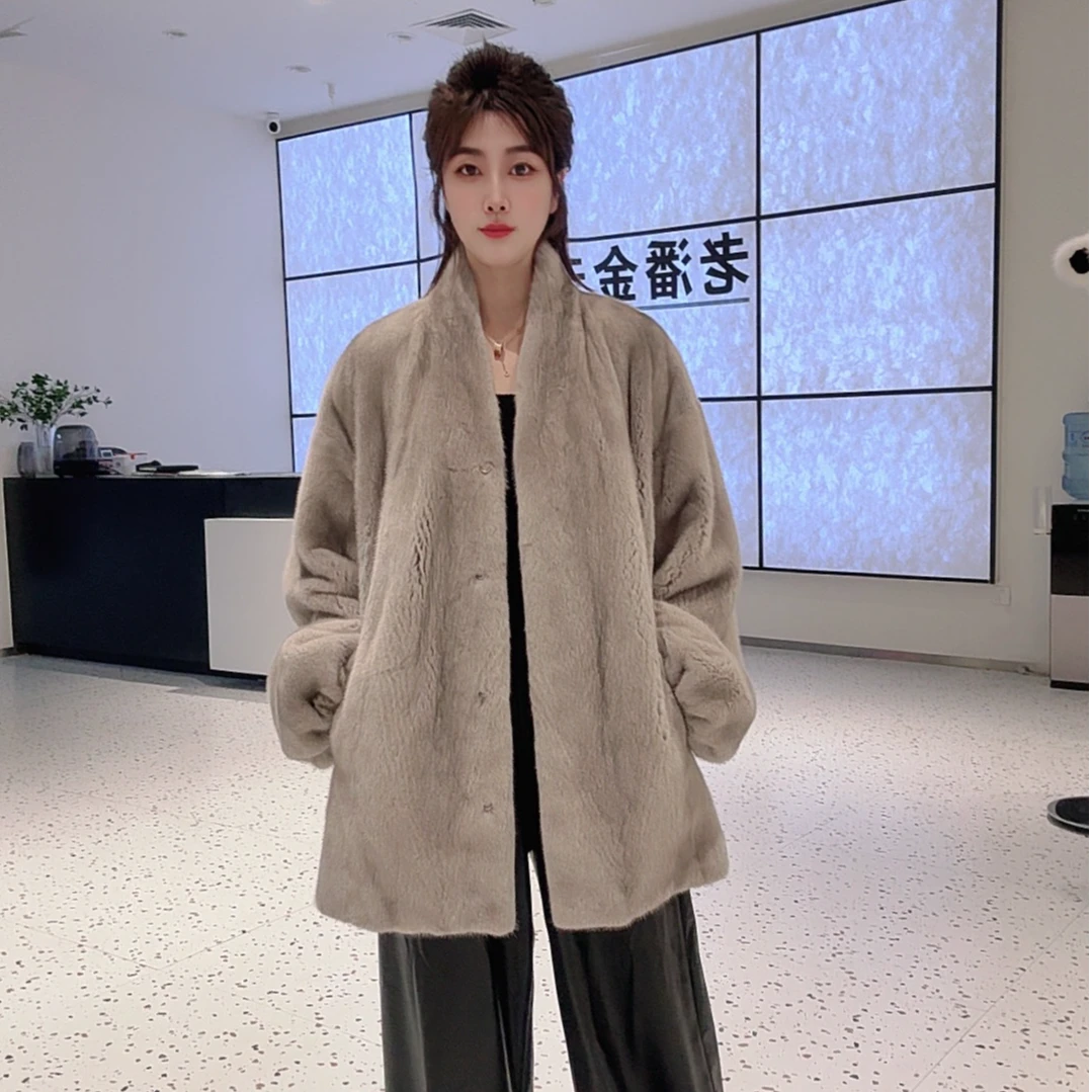 LP013气质时尚休闲女士设计师冬季宽松中长款秋冬外套水貂貂皮