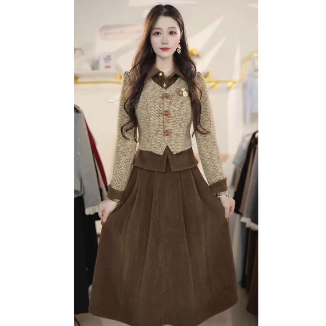 2025秋冬季新款洋气翻领气质显瘦修身两件套裙外套+裙子Y8710164