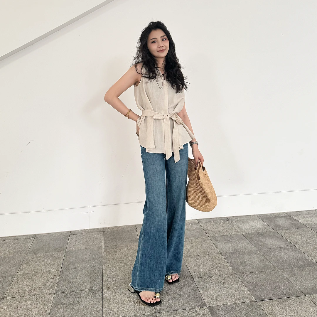 SMBATH四面弹2025年春夏新款微喇叭牛仔裤女宽松直筒阔腿拖地裤子