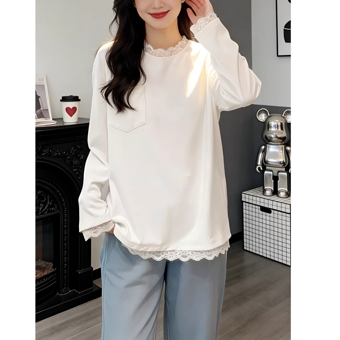 高品质白色t恤蕾丝拼接内搭打底女春秋新款宽松圆领长袖上衣外穿