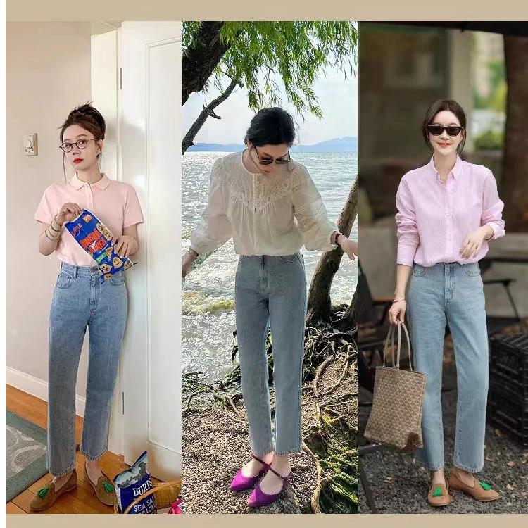 笔直直腿牛仔裤夏季新款百搭显瘦水洗浅蓝九分直筒裤女