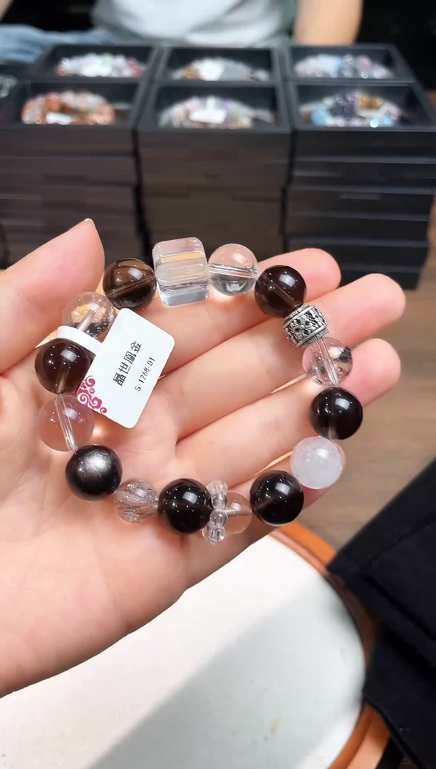 合金手串水晶茶晶黑闪灵白水晶跑环方糖白幽灵黑金超七