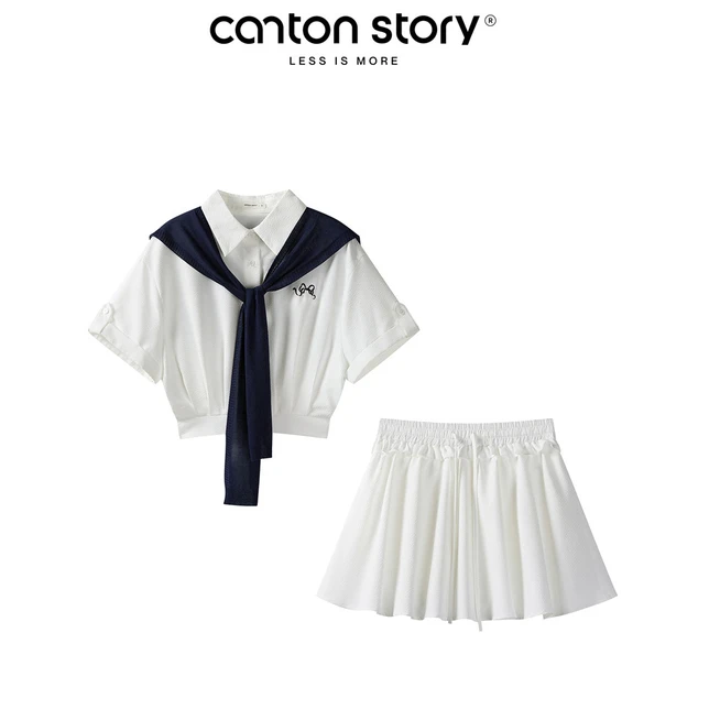 羊城故事 白色刺绣短袖衬衫半身裙套装学院风两件套 Y50651503