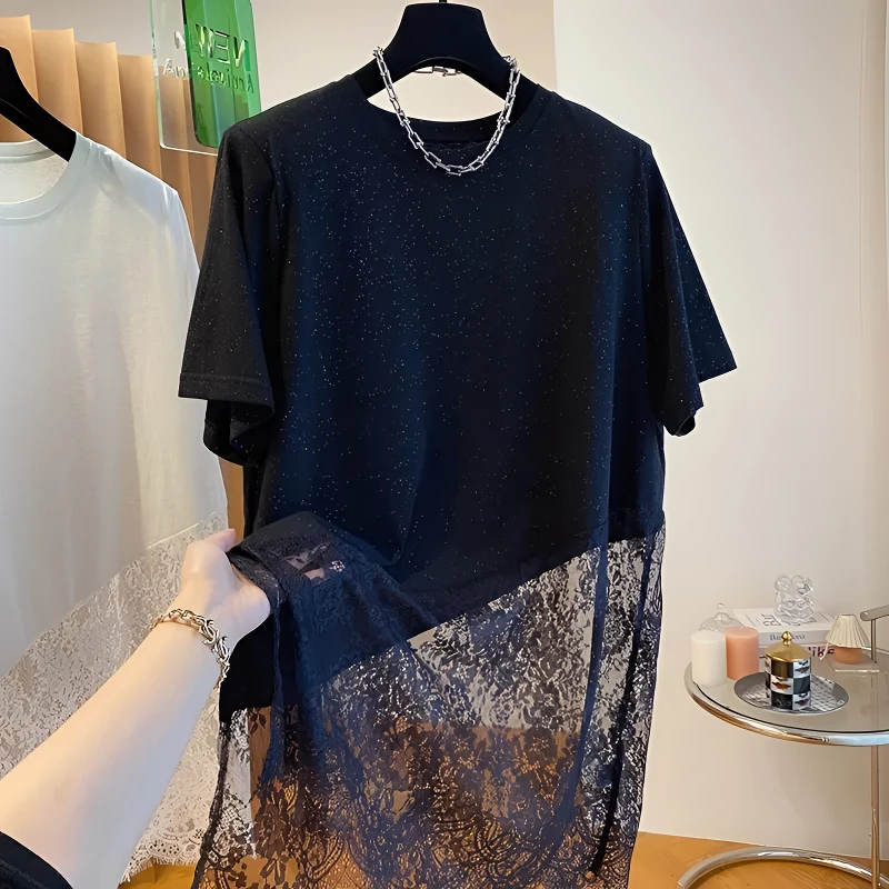 新款小众高级感网纱蕾丝拼接t恤女大码短袖夏中长款宽松外穿上衣