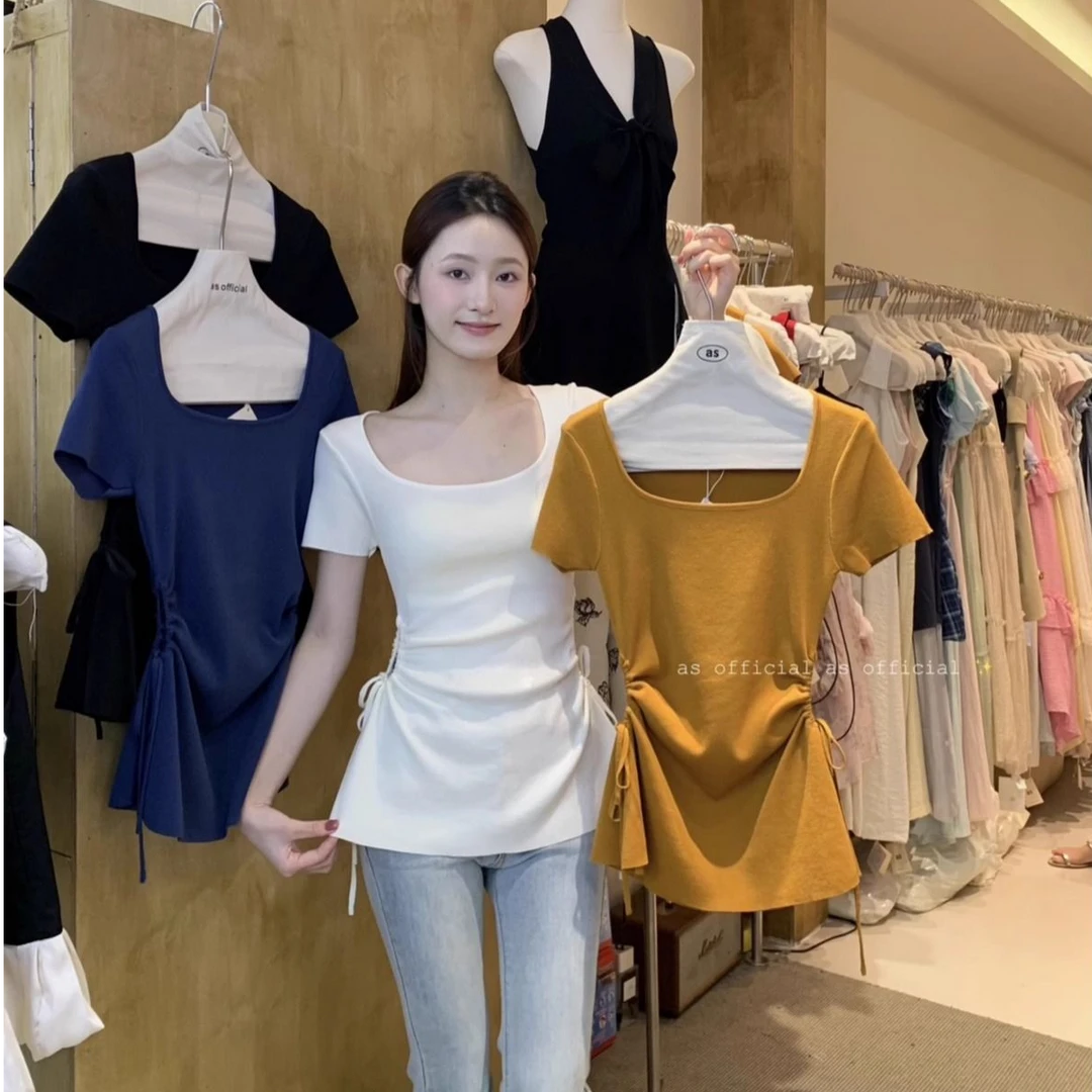 2025流行漂亮U方领冰丝针织衫女夏季修身显瘦抽绳设计感短袖上衣