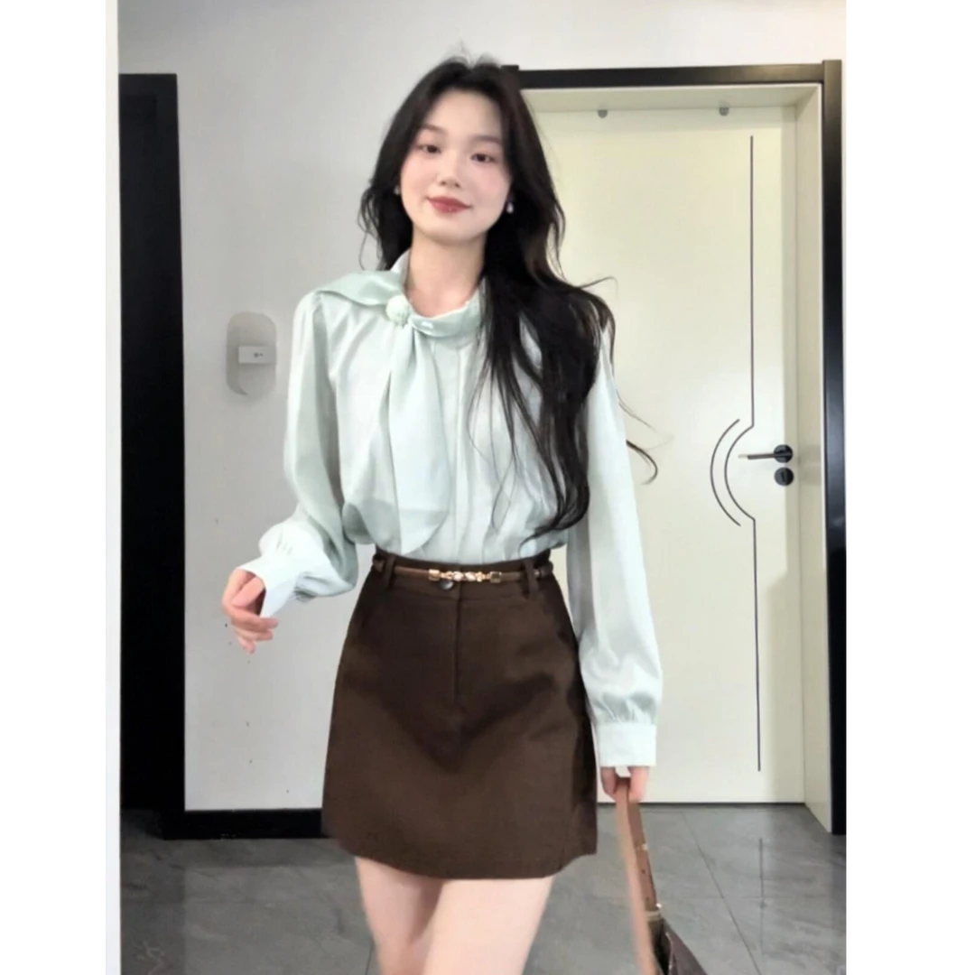 2025秋款高级感缎面衬衫设计感小众衬衣复古咖色半身裙女两件套装