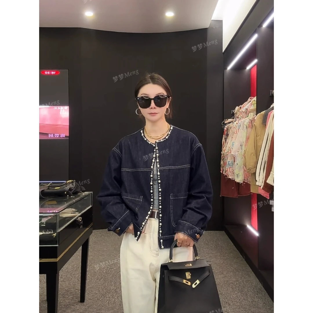 Meng 珠光染星河 春装重工立体珍珠明线双口袋牛仔短外套*321