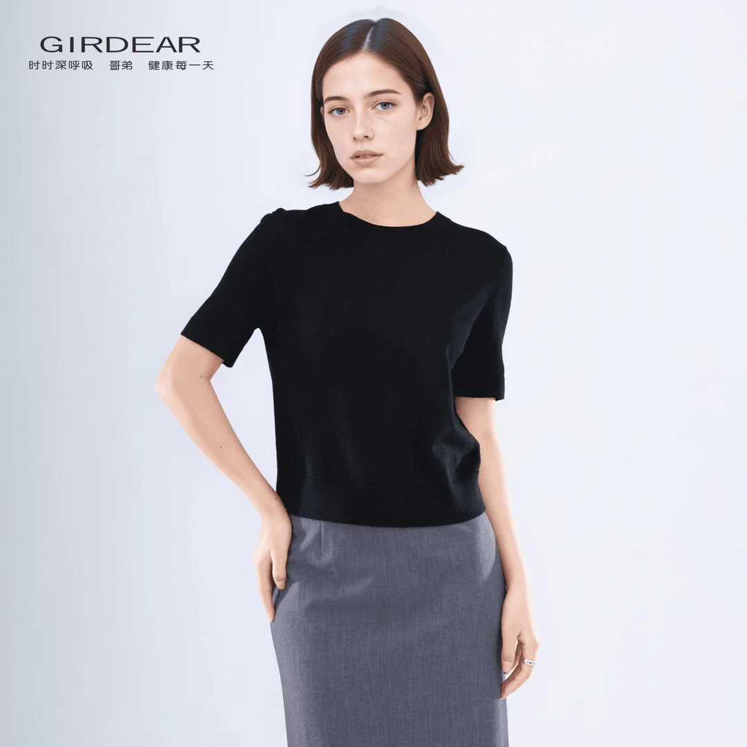 GIRDEAR/哥弟早秋新款短袖百搭圆领半袖显瘦套头针织T恤女138101