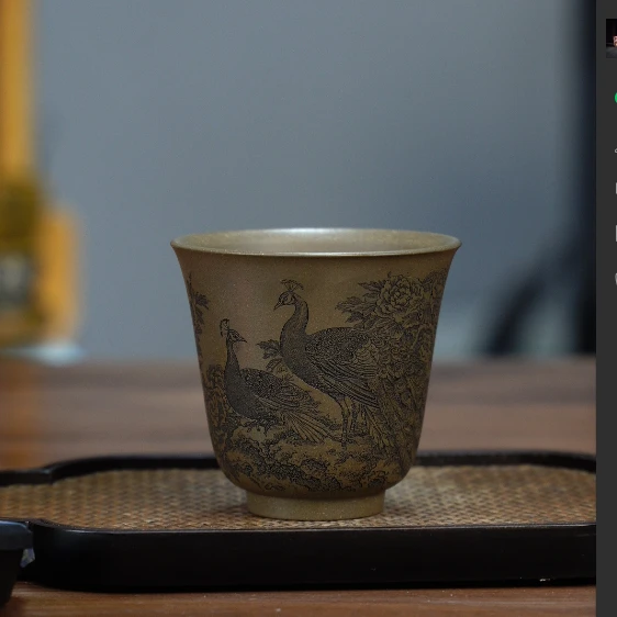 6221 原矿紫砂茶具蟹壳青刻绘凤凰主人杯 160cc左右YY