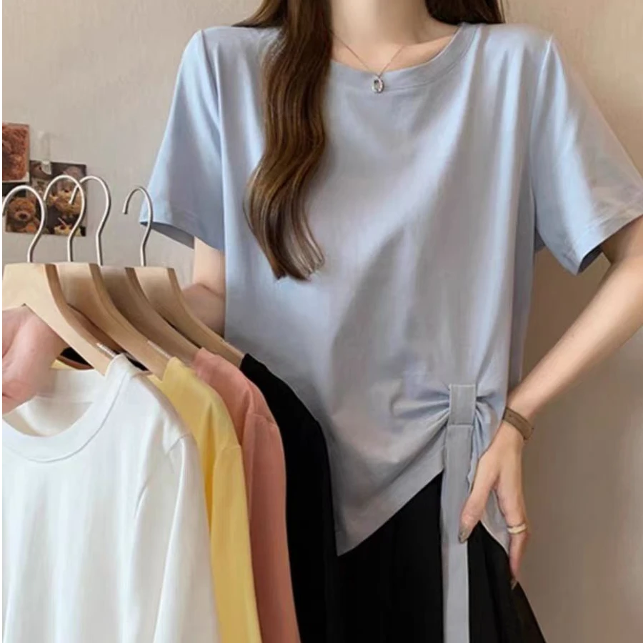 （现货）设计感系带不规则短袖t恤夏季胖mm显瘦遮肚子别致上衣216
