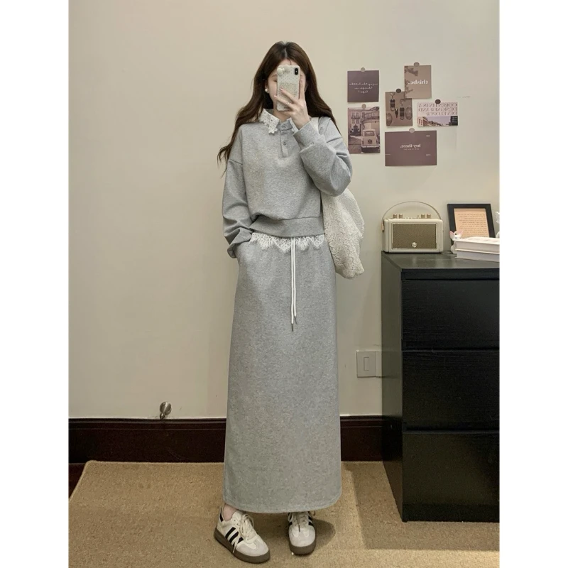 大码女装胖mm秋季新款灰色宽松卫衣拼接蕾丝外套半身裙两件套套装