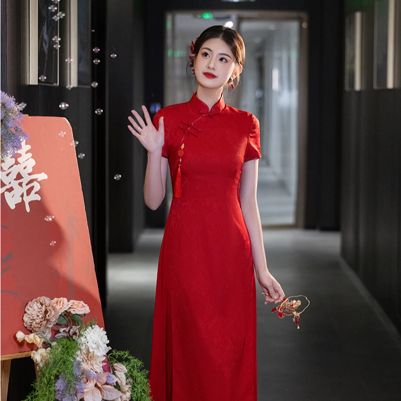 喜结连理 | 遮小肚旗袍A字版红色新娘结婚订婚复古新中式长118cm