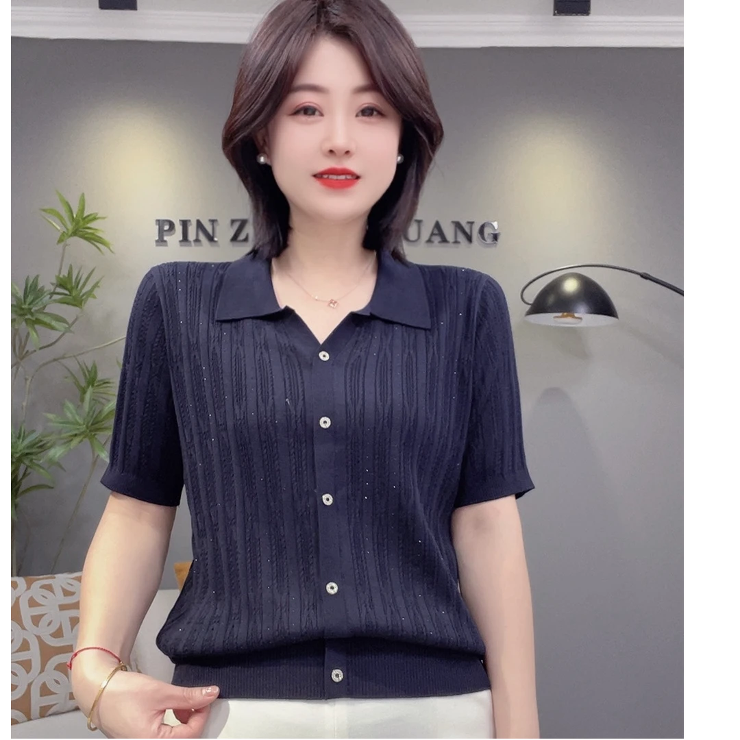 夏季新款纯色翻领烫钻钉扣高档天丝半袖