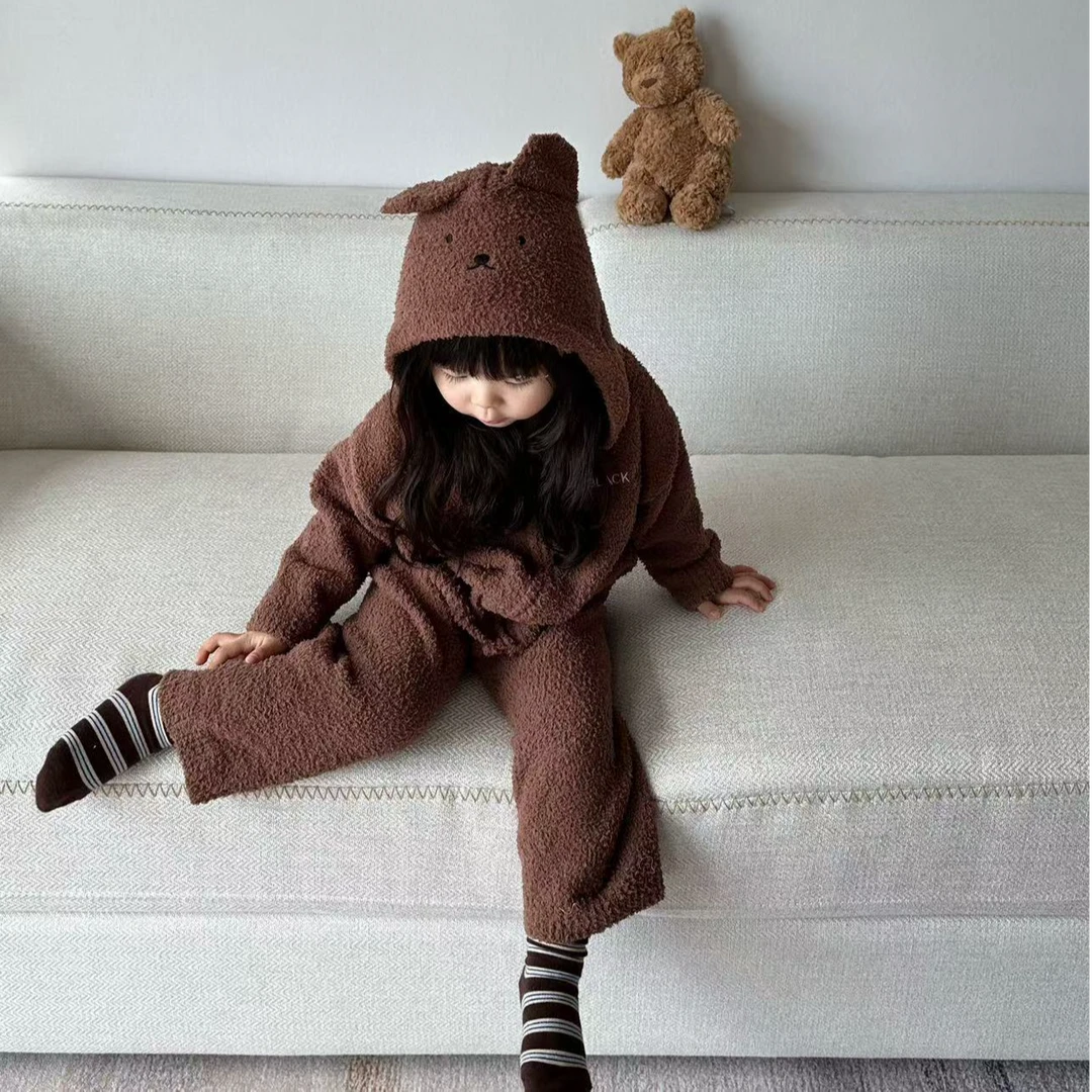 壹妈童装儿童保暖家居服套装秋冬新款洋气男女宝咖色连帽睡衣睡裤