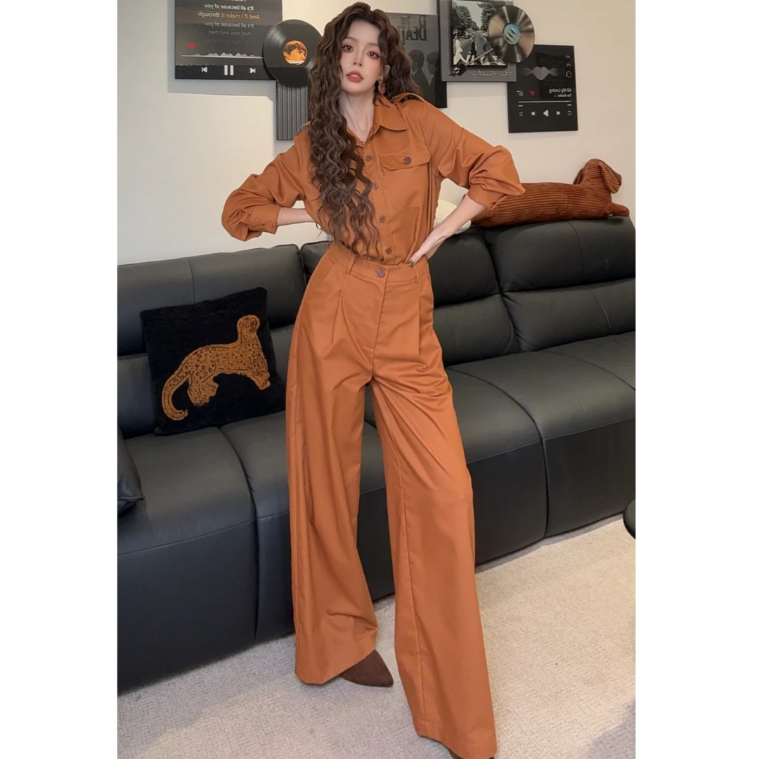 2025冬法式复古工装连体裤翻领阔腿轻熟通勤单排扣套装HBZX710265