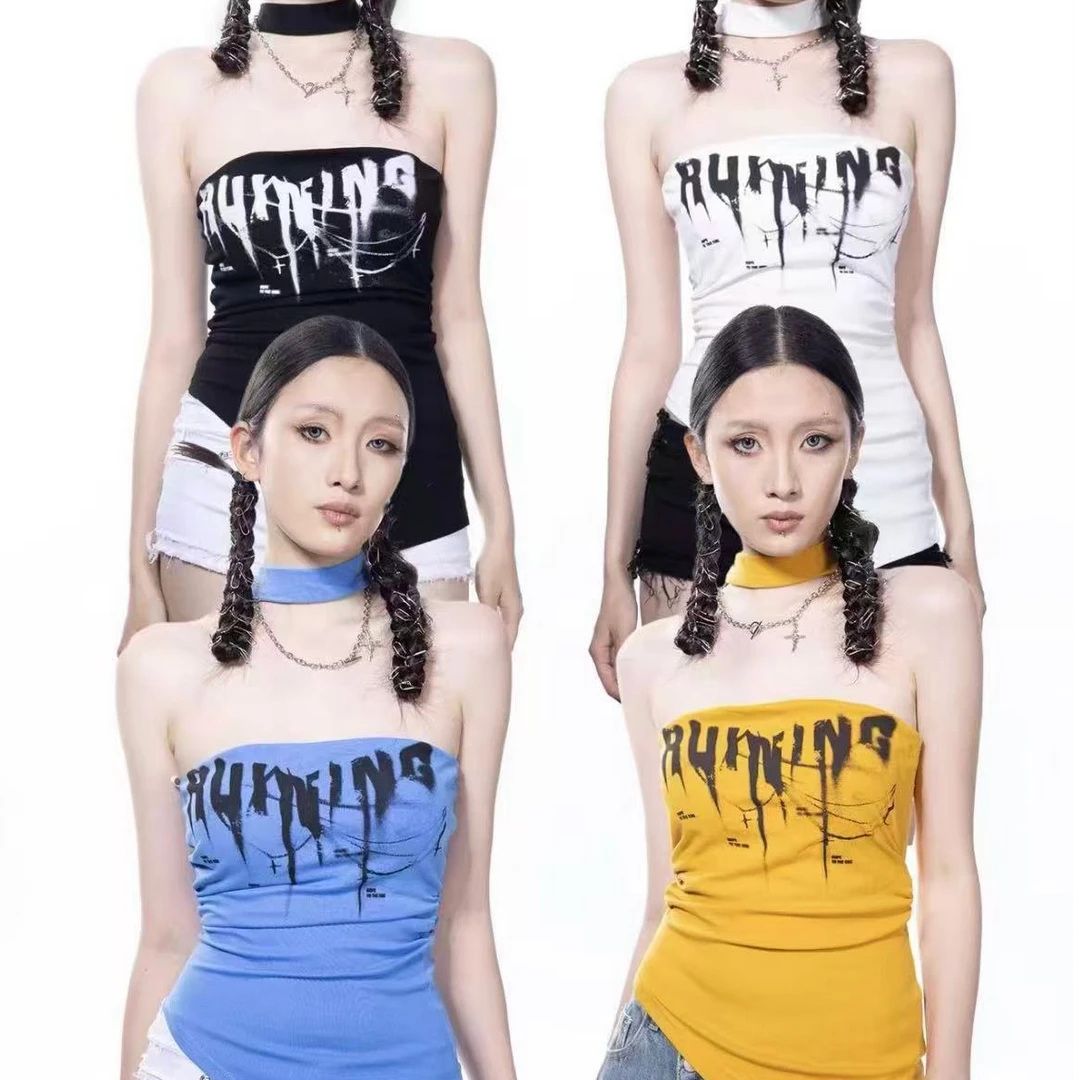 美式复古辣妹印花多巴胺挂脖抹胸夏季新款不规则抽褶紧身上衣女潮