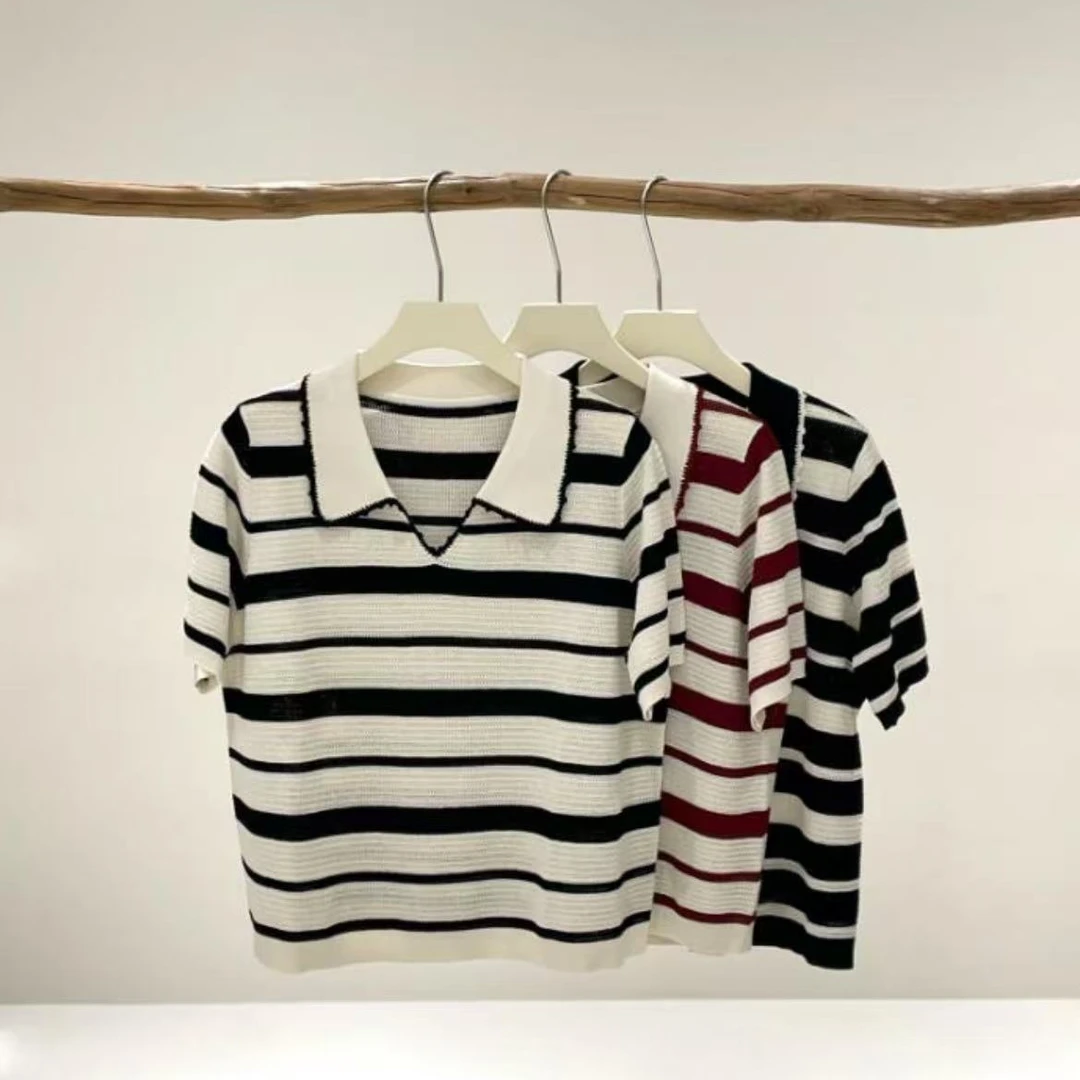 时尚休闲夏季宽松条纹简约短袖针织衫上衣22907