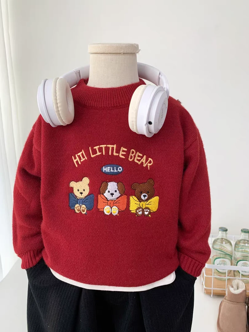 儿童毛衣2026新年服针织衫男童女童洋气卡通套头加厚一体绒毛衣