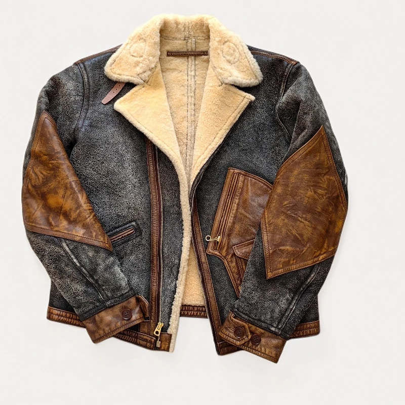 大红枣REDDATE复刻D3皮毛一体牛皮水洗做旧秋冬夹克皮衣复古短款