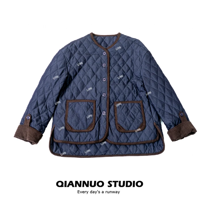 【八宝专属】秋冬保暖宽松户外菱格保暖棉服长款翻领复古8225