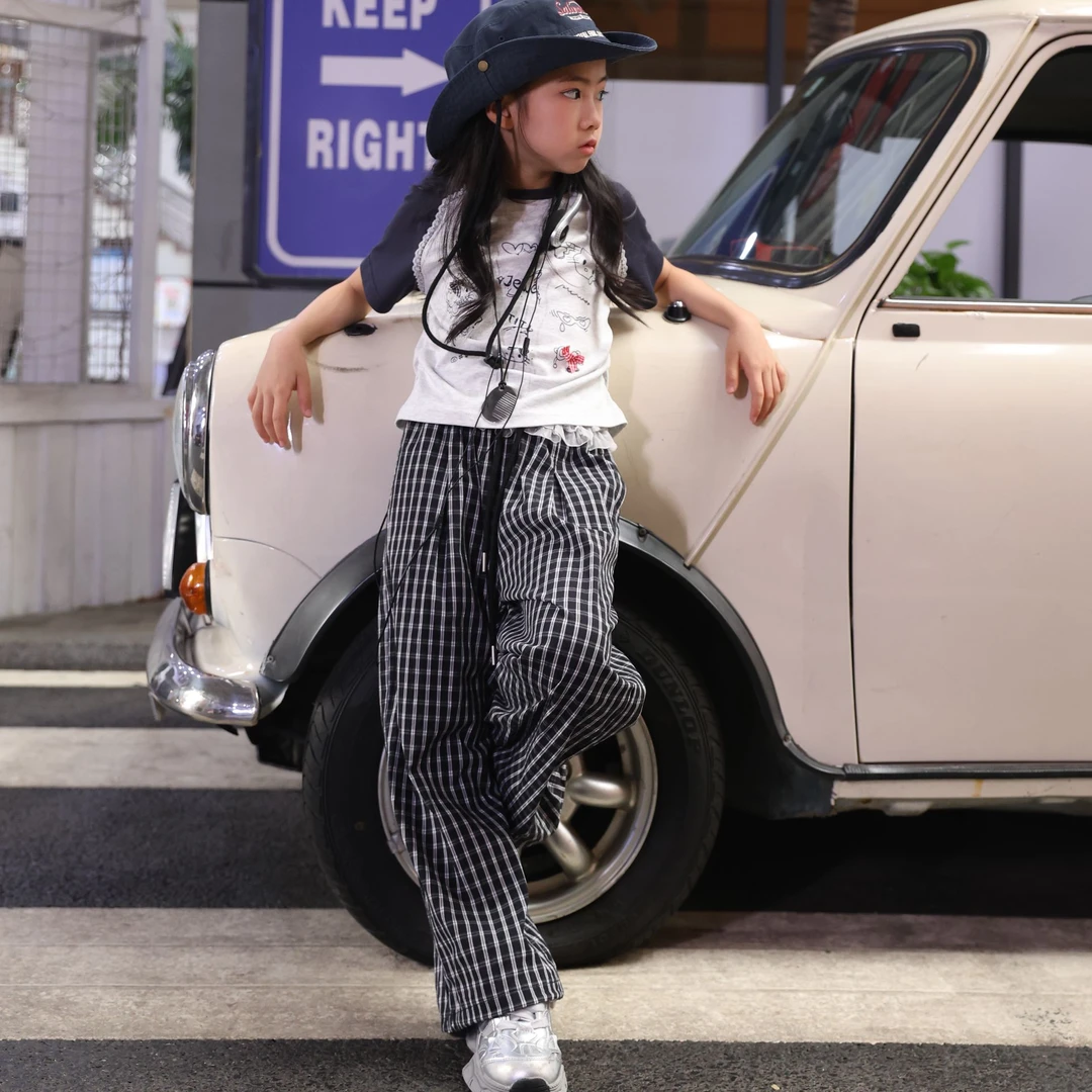 【现货裤子】女童夏季薄款裤子新款屁帘蕾丝格子裤中大童空调防蚊裤