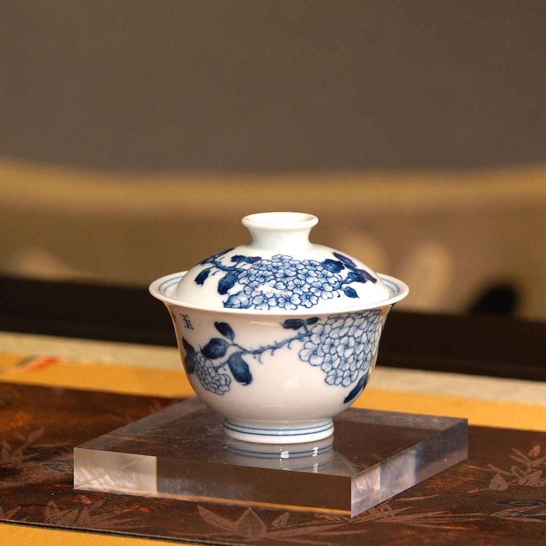 雨后 湛蓝系列 玉香浓 绣球花盖碗 景德镇纯手工手绘瓷器