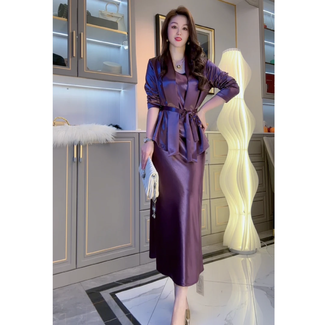 H纯色简约名媛风鎏金缎翻领系带外套女显瘦气质长袖轻奢时尚8506