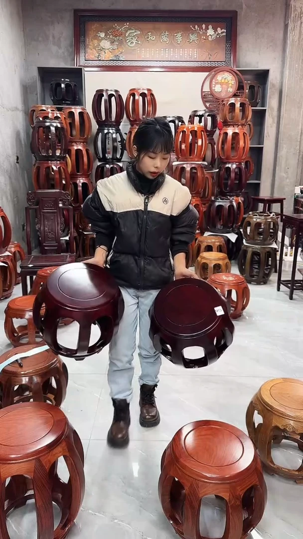 【闪购商品】花梨木类家具微瑕花梨木酸枝色小号鼓凳一对8号
