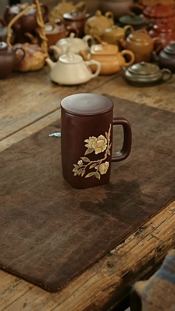 茶壶紫砂方圆花鸟杯