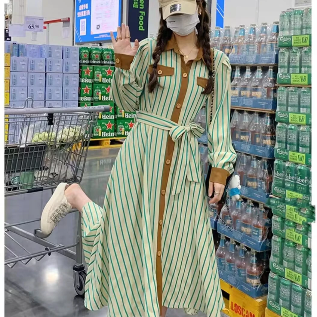 微瑕法式条纹衬衫连衣裙女春秋季时尚气质收腰显瘦裙子别致连衣裙