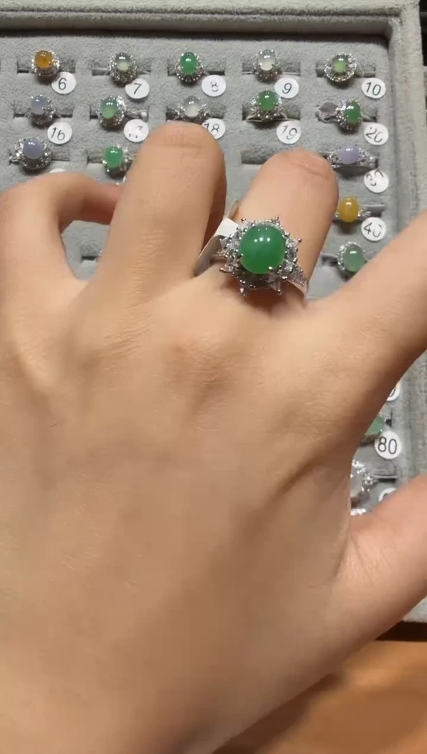 银S925镶嵌戒指翡翠缅甸A货翡翠戒指