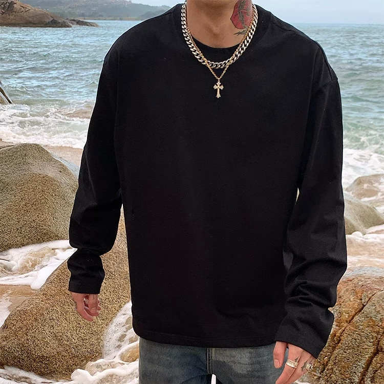 OXFREAK「高品质450克重」黑色长袖t恤男宽松cleanfit打底衫纯棉