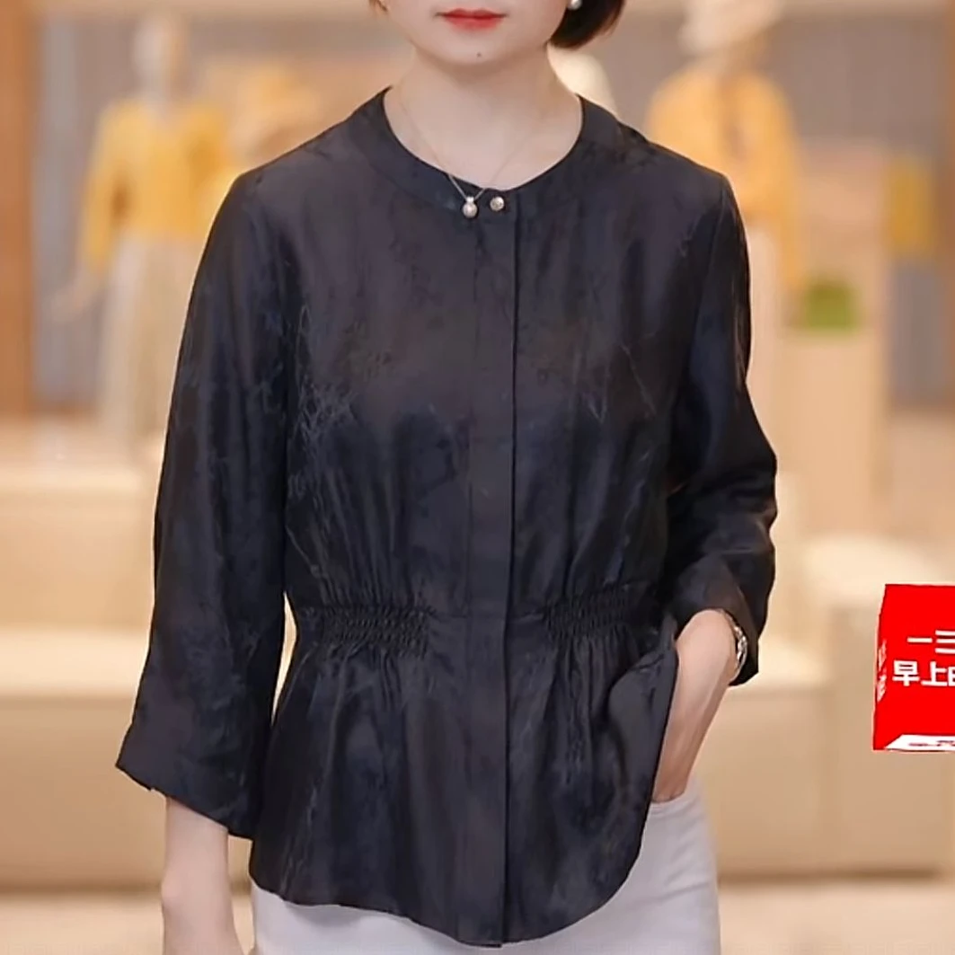 重磅桑蚕丝柔软亲肤提花收腰褶皱七分袖设计上衣6S336S3690