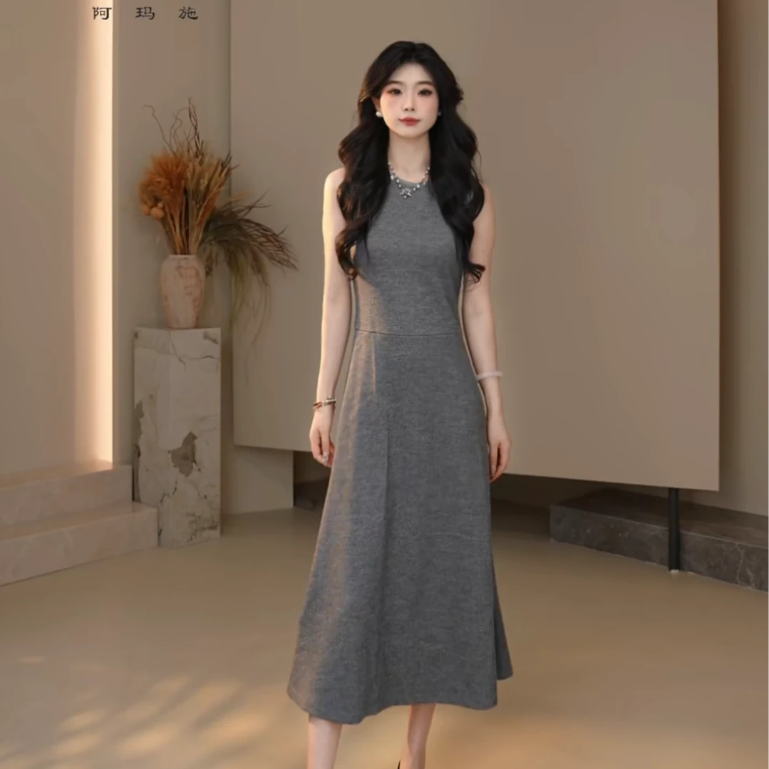 AMASS/阿玛施25秋冬优雅雅丹风长裙新款绵羊毛无袖连衣裙5500528
