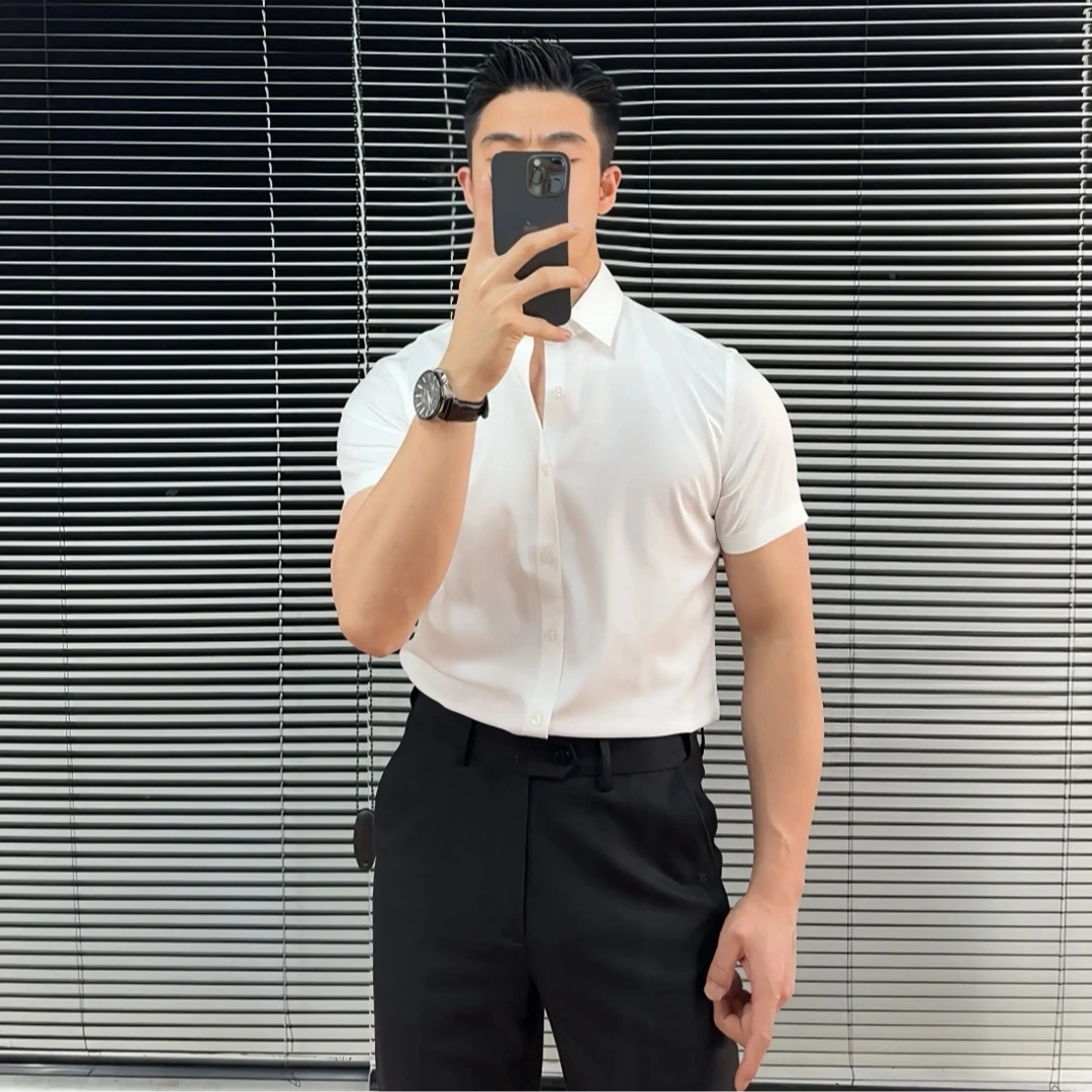 新款男士短袖衬衫衬衣白色休闲百搭夏季修身纯色商务时尚薄款痞帅