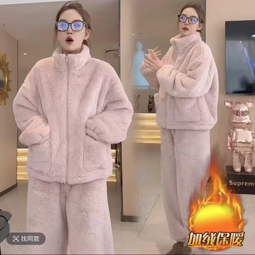 【加厚北羔绒】冬季睡衣女加绒保暖宽松大码套装家居可外穿